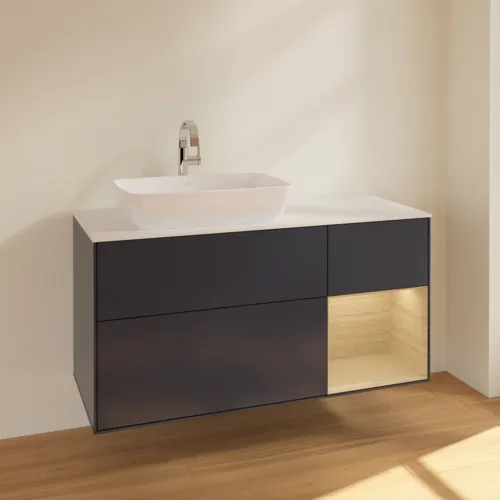 VILLEROY BOCH Finion Waschbeckenunterschrank, mit Beleuchtung, 3 Auszüge, 1200 x 603 x 501 mm, Midnight Blue Matt Lacquer / Oak Veneer / Glass White Matt #F811PCHG, Bild 2