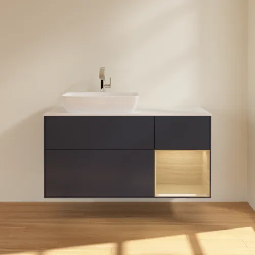 VILLEROY BOCH Finion Waschbeckenunterschrank, mit Beleuchtung, 3 Auszüge, 1200 x 603 x 501 mm, Midnight Blue Matt Lacquer / Oak Veneer / Glass White Matt #F811PCHG, Bild 3