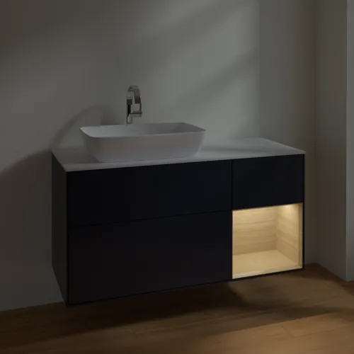VILLEROY BOCH Finion Waschbeckenunterschrank, mit Beleuchtung, 3 Auszüge, 1200 x 603 x 501 mm, Midnight Blue Matt Lacquer / Oak Veneer / Glass White Matt #F811PCHG, Bild 5