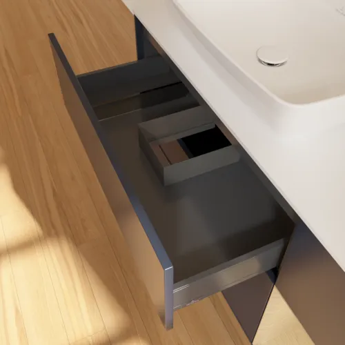 VILLEROY BOCH Finion Waschbeckenunterschrank, mit Beleuchtung, 3 Auszüge, 1200 x 603 x 501 mm, Midnight Blue Matt Lacquer / Oak Veneer / Glass White Matt #F811PCHG, Bild 8