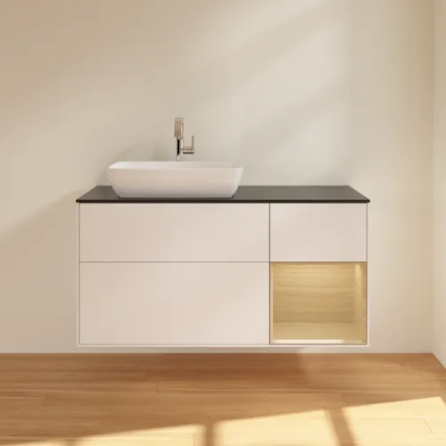 VILLEROY BOCH Finion Waschbeckenunterschrank, mit Beleuchtung, 3 Auszüge, 1200 x 603 x 501 mm, White Matt Lacquer / Oak Veneer / Glass Black Matt #F812PCMT, Bild 3