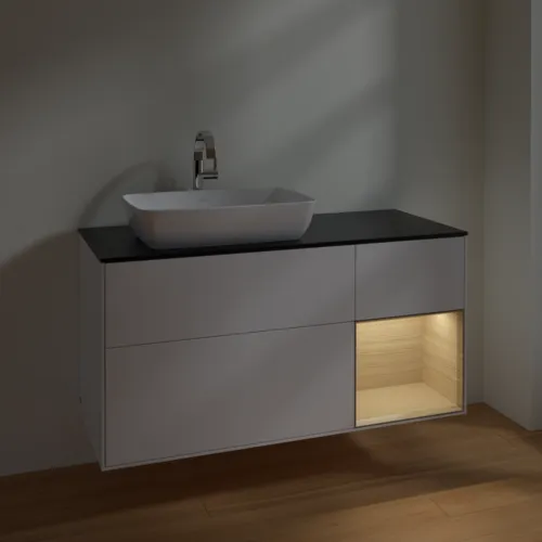 VILLEROY BOCH Finion Waschbeckenunterschrank, mit Beleuchtung, 3 Auszüge, 1200 x 603 x 501 mm, White Matt Lacquer / Oak Veneer / Glass Black Matt #F812PCMT, Bild 5