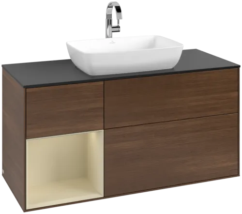 Picture of VILLEROY BOCH Finion Vanity unit, with lighting, 3 pull-out compartments, 1200 x 603 x 501 mm, Walnut Veneer / Silk Grey Matt Lacquer / Glass Black Matt #F822HJGN