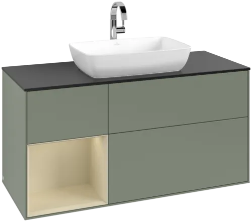 Picture of VILLEROY BOCH Finion Vanity unit, with lighting, 3 pull-out compartments, 1200 x 603 x 501 mm, Olive Matt Lacquer / Silk Grey Matt Lacquer / Glass Black Matt #F822HJGM