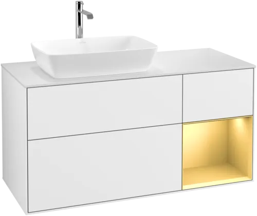 Зображення з  VILLEROY BOCH Finion Vanity unit, with lighting, 3 pull-out compartments, 1200 x 603 x 501 mm, Glossy White Lacquer / Gold Matt Lacquer / Glass White Matt #F811HFGF