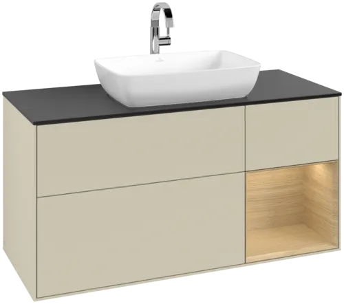 Picture of VILLEROY BOCH Finion Vanity unit, with lighting, 3 pull-out compartments, 1200 x 603 x 501 mm, Silk Grey Matt Lacquer / Oak Veneer / Glass Black Matt #F832PCHJ