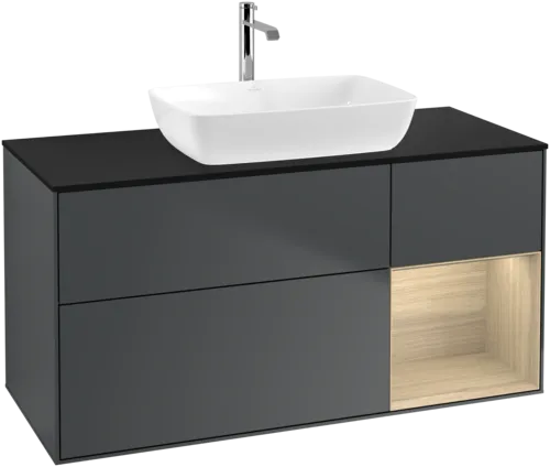Picture of VILLEROY BOCH Finion Vanity unit, with lighting, 3 pull-out compartments, 1200 x 603 x 501 mm, Midnight Blue Matt Lacquer / Oak Veneer / Glass Black Matt #F832PCHG