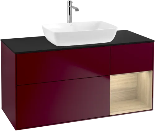 Picture of VILLEROY BOCH Finion Vanity unit, with lighting, 3 pull-out compartments, 1200 x 603 x 501 mm, Peony Matt Lacquer / Oak Veneer / Glass Black Matt #F832PCHB