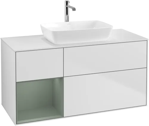Зображення з  VILLEROY BOCH Finion Vanity unit, with lighting, 3 pull-out compartments, 1200 x 603 x 501 mm, White Matt Lacquer / Olive Matt Lacquer / Glass White Matt #F821GMMT