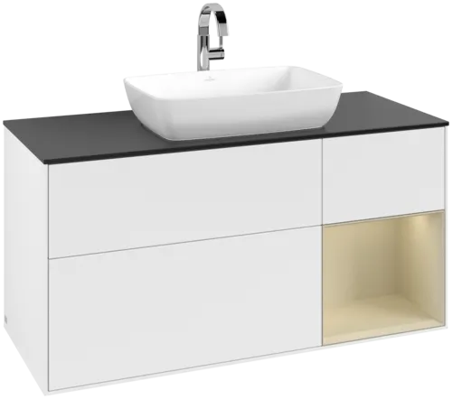 Picture of VILLEROY BOCH Finion Vanity unit, with lighting, 3 pull-out compartments, 1200 x 603 x 501 mm, White Matt Lacquer / Silk Grey Matt Lacquer / Glass Black Matt #F832HJMT