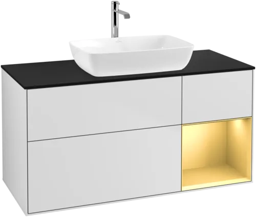 Picture of VILLEROY BOCH Finion Vanity unit, with lighting, 3 pull-out compartments, 1200 x 603 x 501 mm, White Matt Lacquer / Gold Matt Lacquer / Glass Black Matt #F832HFMT