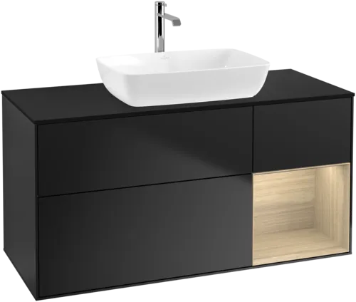 Picture of VILLEROY BOCH Finion Vanity unit, with lighting, 3 pull-out compartments, 1200 x 603 x 501 mm, Black Matt Lacquer / Oak Veneer / Glass Black Matt #F832PCPD