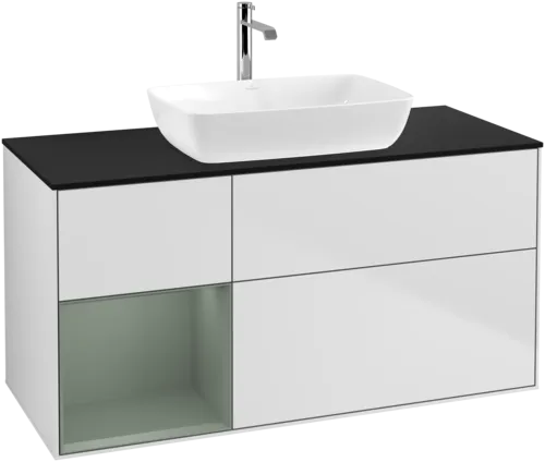 Picture of VILLEROY BOCH Finion Vanity unit, with lighting, 3 pull-out compartments, 1200 x 603 x 501 mm, White Matt Lacquer / Olive Matt Lacquer / Glass Black Matt #F822GMMT