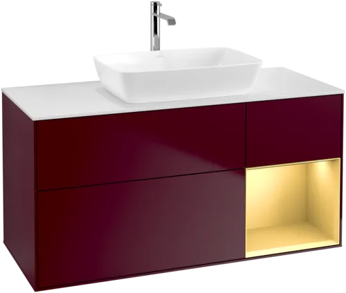 Picture of VILLEROY BOCH Finion Vanity unit, with lighting, 3 pull-out compartments, 1200 x 603 x 501 mm, Peony Matt Lacquer / Gold Matt Lacquer / Glass White Matt #F831HFHB