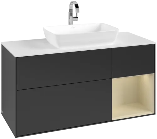 Picture of VILLEROY BOCH Finion Vanity unit, with lighting, 3 pull-out compartments, 1200 x 603 x 501 mm, Black Matt Lacquer / Silk Grey Matt Lacquer / Glass White Matt #F831HJPD
