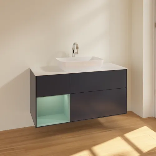 Bild von VILLEROY BOCH Finion Waschbeckenunterschrank, mit Beleuchtung, 3 Auszüge, 1200 x 603 x 501 mm, Midnight Blue Matt Lacquer / Olive Matt Lacquer / Glass White Matt #F821GMHG