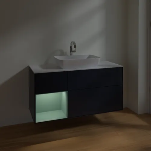 Bild von VILLEROY BOCH Finion Waschbeckenunterschrank, mit Beleuchtung, 3 Auszüge, 1200 x 603 x 501 mm, Midnight Blue Matt Lacquer / Olive Matt Lacquer / Glass White Matt #F821GMHG