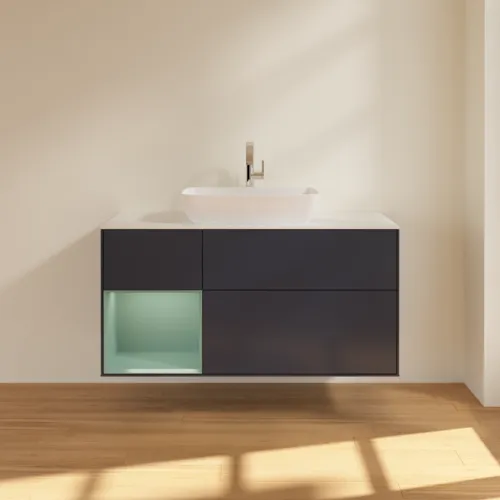Bild von VILLEROY BOCH Finion Waschbeckenunterschrank, mit Beleuchtung, 3 Auszüge, 1200 x 603 x 501 mm, Midnight Blue Matt Lacquer / Olive Matt Lacquer / Glass White Matt #F821GMHG