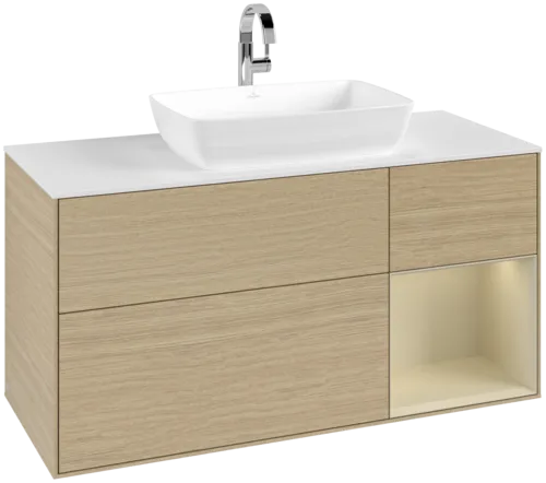 Picture of VILLEROY BOCH Finion Vanity unit, with lighting, 3 pull-out compartments, 1200 x 603 x 501 mm, Oak Veneer / Silk Grey Matt Lacquer / Glass White Matt #F831HJPC