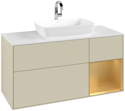 Picture of VILLEROY BOCH Finion Vanity unit, with lighting, 3 pull-out compartments, 1200 x 603 x 501 mm, Silk Grey Matt Lacquer / Gold Matt Lacquer / Glass White Matt #F831HFHJ