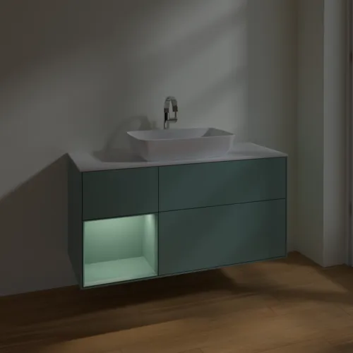 Bild von VILLEROY BOCH Finion Waschbeckenunterschrank, mit Beleuchtung, 3 Auszüge, 1200 x 603 x 501 mm, Olive Matt Lacquer / Olive Matt Lacquer / Glass White Matt #F821GMGM