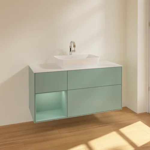 Bild von VILLEROY BOCH Finion Waschbeckenunterschrank, mit Beleuchtung, 3 Auszüge, 1200 x 603 x 501 mm, Olive Matt Lacquer / Olive Matt Lacquer / Glass White Matt #F821GMGM