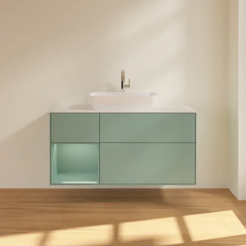 Bild von VILLEROY BOCH Finion Waschbeckenunterschrank, mit Beleuchtung, 3 Auszüge, 1200 x 603 x 501 mm, Olive Matt Lacquer / Olive Matt Lacquer / Glass White Matt #F821GMGM