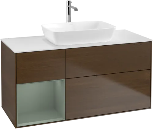 VILLEROY BOCH Finion Vanity unit, with lighting, 3 pull-out compartments, 1200 x 603 x 501 mm, Walnut Veneer / Olive Matt Lacquer / Glass White Matt #F821GMGN resmi