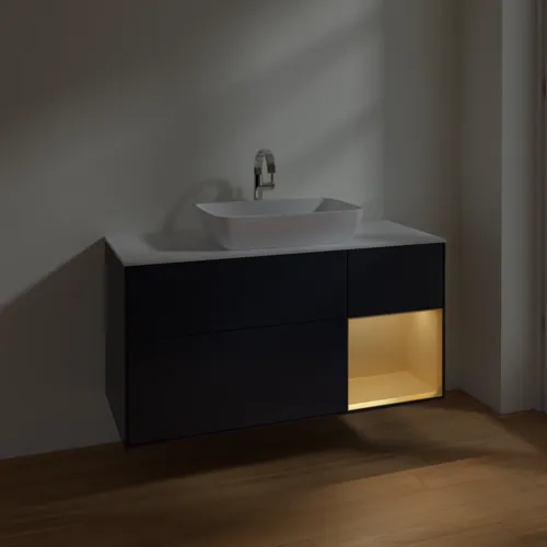 Bild von VILLEROY BOCH Finion Waschbeckenunterschrank, mit Beleuchtung, 3 Auszüge, 1200 x 603 x 501 mm, Midnight Blue Matt Lacquer / Gold Matt Lacquer / Glass White Matt #F831HFHG