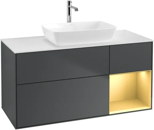 Picture of VILLEROY BOCH Finion Vanity unit, with lighting, 3 pull-out compartments, 1200 x 603 x 501 mm, Midnight Blue Matt Lacquer / Gold Matt Lacquer / Glass White Matt #F831HFHG