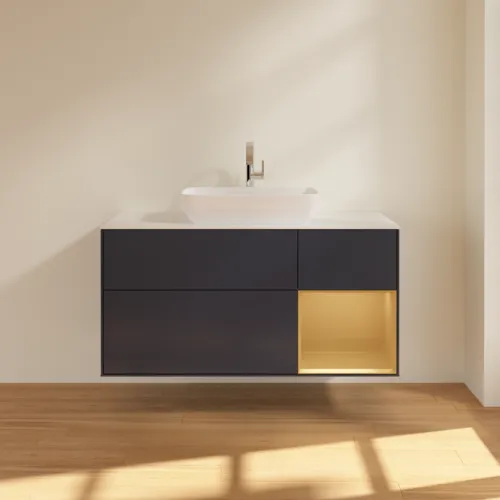 Bild von VILLEROY BOCH Finion Waschbeckenunterschrank, mit Beleuchtung, 3 Auszüge, 1200 x 603 x 501 mm, Midnight Blue Matt Lacquer / Gold Matt Lacquer / Glass White Matt #F831HFHG