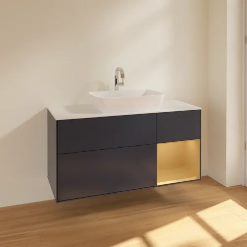 Bild von VILLEROY BOCH Finion Waschbeckenunterschrank, mit Beleuchtung, 3 Auszüge, 1200 x 603 x 501 mm, Midnight Blue Matt Lacquer / Gold Matt Lacquer / Glass White Matt #F831HFHG