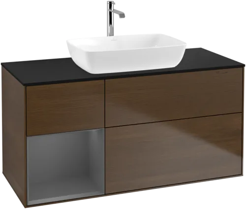 Picture of VILLEROY BOCH Finion Vanity unit, with lighting, 3 pull-out compartments, 1200 x 603 x 501 mm, Walnut Veneer / Anthracite Matt Lacquer / Glass Black Matt #F822GKGN