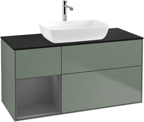 Picture of VILLEROY BOCH Finion Vanity unit, with lighting, 3 pull-out compartments, 1200 x 603 x 501 mm, Olive Matt Lacquer / Anthracite Matt Lacquer / Glass Black Matt #F822GKGM