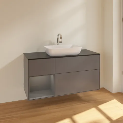 Bild von VILLEROY BOCH Finion Waschbeckenunterschrank, mit Beleuchtung, 3 Auszüge, 1200 x 603 x 501 mm, Anthracite Matt Lacquer / Anthracite Matt Lacquer / Glass Black Matt #F822GKGK