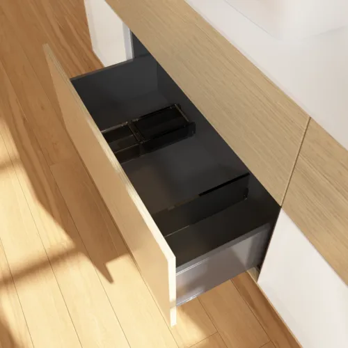 Picture of VILLEROY BOCH Finion Vanity unit, with lighting, 4 pull-out compartments, 1600 x 603 x 501 mm, Oak Veneer / Glossy White Lacquer / Glass White Matt #F861GFPC