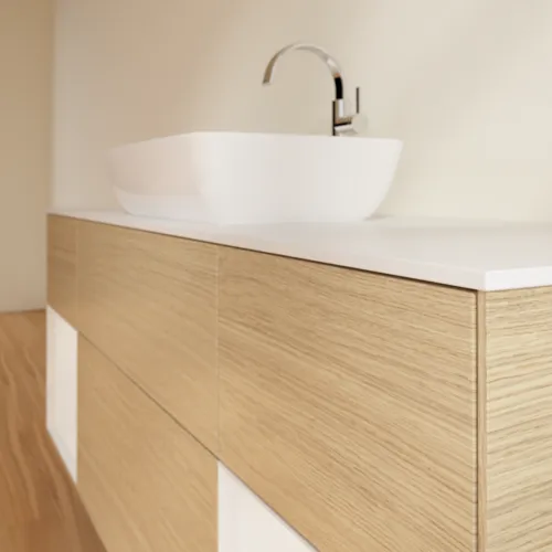 Picture of VILLEROY BOCH Finion Vanity unit, with lighting, 4 pull-out compartments, 1600 x 603 x 501 mm, Oak Veneer / Glossy White Lacquer / Glass White Matt #F861GFPC