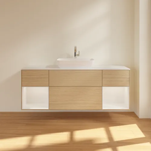 Picture of VILLEROY BOCH Finion Vanity unit, with lighting, 4 pull-out compartments, 1600 x 603 x 501 mm, Oak Veneer / Glossy White Lacquer / Glass White Matt #F861GFPC