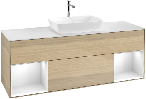 Picture of VILLEROY BOCH Finion Vanity unit, with lighting, 4 pull-out compartments, 1600 x 603 x 501 mm, Oak Veneer / Glossy White Lacquer / Glass White Matt #F861GFPC