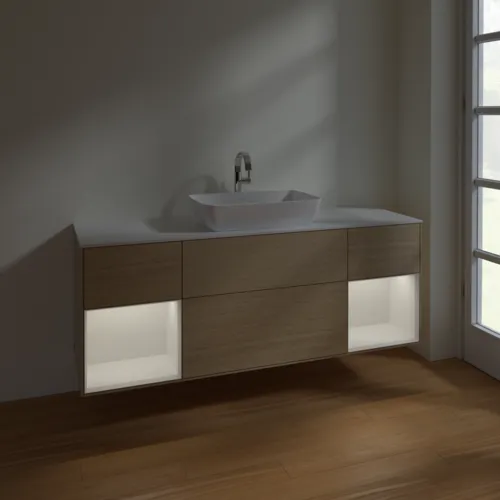 Picture of VILLEROY BOCH Finion Vanity unit, with lighting, 4 pull-out compartments, 1600 x 603 x 501 mm, Oak Veneer / Glossy White Lacquer / Glass White Matt #F861GFPC