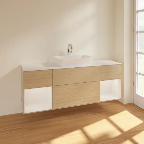 Picture of VILLEROY BOCH Finion Vanity unit, with lighting, 4 pull-out compartments, 1600 x 603 x 501 mm, Oak Veneer / Glossy White Lacquer / Glass White Matt #F861GFPC