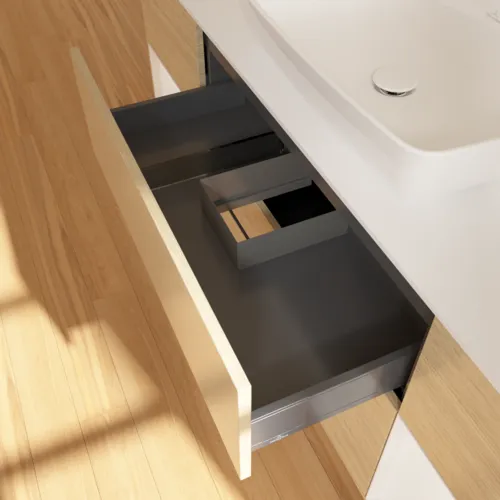 Picture of VILLEROY BOCH Finion Vanity unit, with lighting, 4 pull-out compartments, 1600 x 603 x 501 mm, Oak Veneer / Glossy White Lacquer / Glass White Matt #F861GFPC