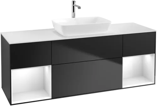 Picture of VILLEROY BOCH Finion Vanity unit, with lighting, 4 pull-out compartments, 1600 x 603 x 501 mm, Black Matt Lacquer / Glossy White Lacquer / Glass White Matt #F861GFPD