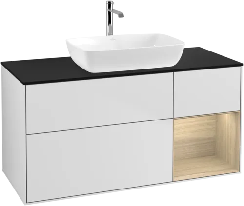 Picture of VILLEROY BOCH Finion Vanity unit, with lighting, 3 pull-out compartments, 1200 x 603 x 501 mm, White Matt Lacquer / Oak Veneer / Glass Black Matt #F832PCMT
