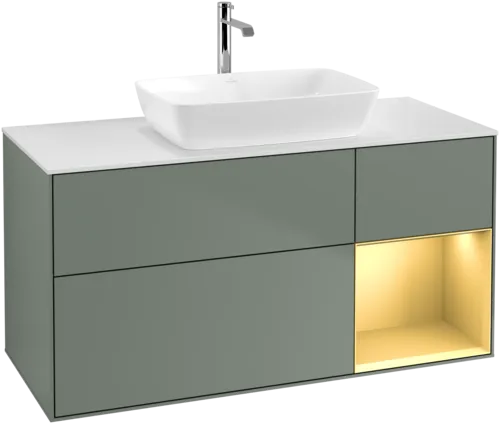 Picture of VILLEROY BOCH Finion Vanity unit, with lighting, 3 pull-out compartments, 1200 x 603 x 501 mm, Olive Matt Lacquer / Gold Matt Lacquer / Glass White Matt #F831HFGM