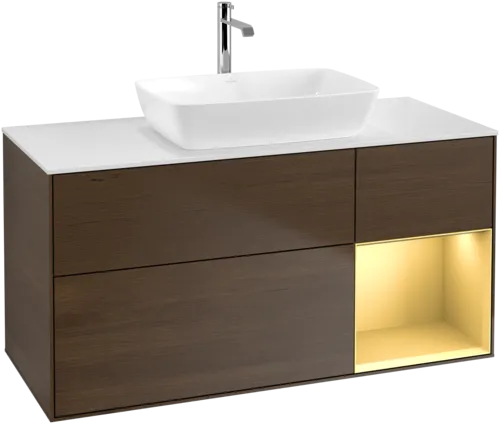 Picture of VILLEROY BOCH Finion Vanity unit, with lighting, 3 pull-out compartments, 1200 x 603 x 501 mm, Walnut Veneer / Gold Matt Lacquer / Glass White Matt #F831HFGN