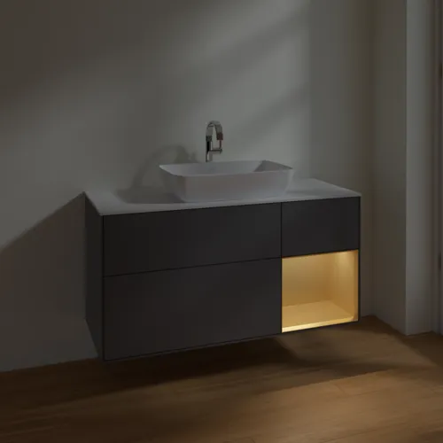 Bild von VILLEROY BOCH Finion Waschbeckenunterschrank, mit Beleuchtung, 3 Auszüge, 1200 x 603 x 501 mm, Anthracite Matt Lacquer / Gold Matt Lacquer / Glass White Matt #F831HFGK