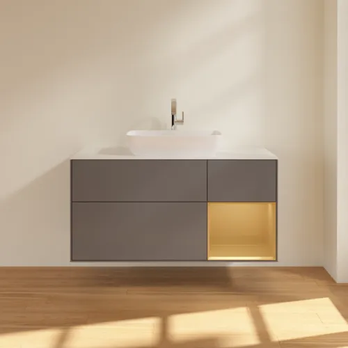 Bild von VILLEROY BOCH Finion Waschbeckenunterschrank, mit Beleuchtung, 3 Auszüge, 1200 x 603 x 501 mm, Anthracite Matt Lacquer / Gold Matt Lacquer / Glass White Matt #F831HFGK