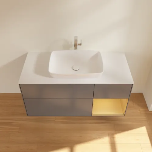 Bild von VILLEROY BOCH Finion Waschbeckenunterschrank, mit Beleuchtung, 3 Auszüge, 1200 x 603 x 501 mm, Anthracite Matt Lacquer / Gold Matt Lacquer / Glass White Matt #F831HFGK
