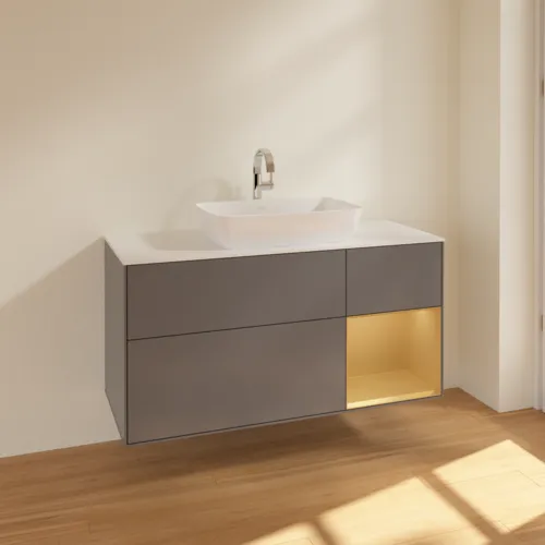 Bild von VILLEROY BOCH Finion Waschbeckenunterschrank, mit Beleuchtung, 3 Auszüge, 1200 x 603 x 501 mm, Anthracite Matt Lacquer / Gold Matt Lacquer / Glass White Matt #F831HFGK